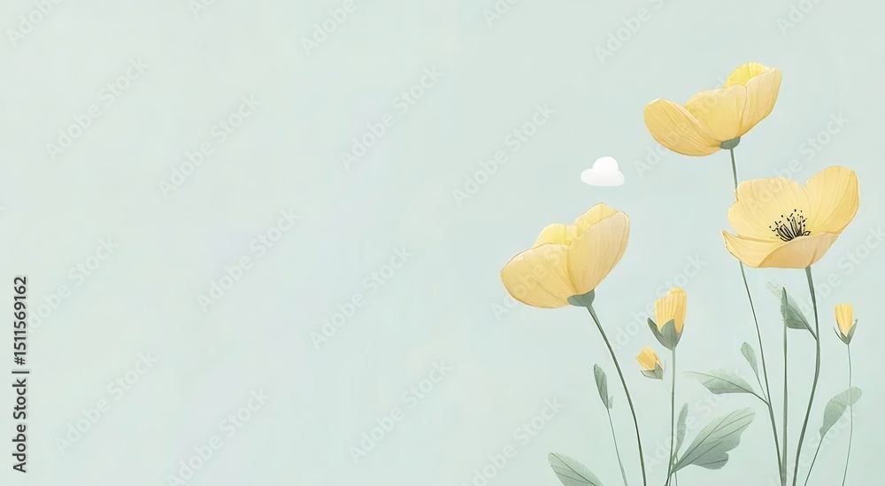 Aufkleber 淡い背景に咲く鮮やかな黄色の花と芽のクローズアップ イラスト シンプルで穏やかな春の自然テーマ