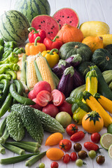 【夏野菜】表情豊かな夏野菜たち。トマト・ズッキーニ・ゴーヤ・オクラ・トウモロコシ・ナス・キュウリ・カボチャ・パプリカ・スイカ