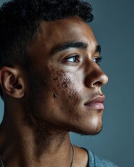 Closeup Profile Portrait of a Man with Glitter on his Face Against a Grey Background