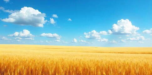 Vast, golden wheat field stretches to the horizon under a vibrant blue sky, fluffy clouds dotting the landscape Perfect for agriculture, nature, or rural themes , barley, growth