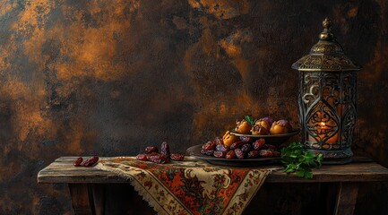 Dried fruits and lantern on rustic wooden table