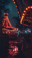 Obraz premium Dark Twisted Amusement Park at Night with Flickering Lights