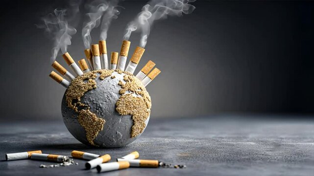 Earth shaped from cigarettes shows smoking impact on environment and health, pollution woes, pollution problems, air pollution