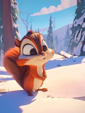 Curious squirrel standing on snow covered ground in winter wonderland.
