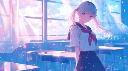 Young girl with twin tails in school uniform standing in classroom.