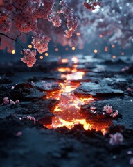 Glowing Lava Path Under Cherry Blossoms at Night