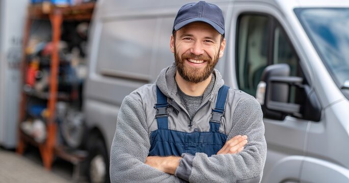 Happy technician in overall near van, service truck for maintenance. High quality