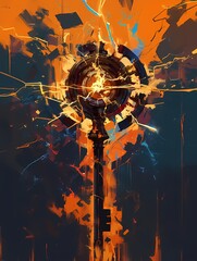 Key-shaped object radiating orange energy with electricity and charred marks