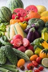 【夏野菜】表情豊かな夏野菜たち。トマト・ズッキーニ・ゴーヤ・オクラ・トウモロコシ・ナス・キュウリ・カボチャ・パプリカ・スイカ