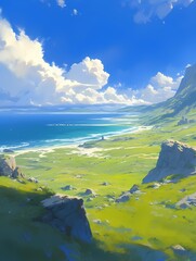 Serene landscape with rocky outcrop, grassland, ocean, mountains, blue sky