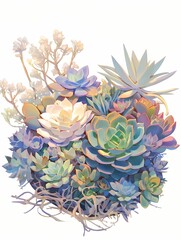 Vibrant succulent arrangement with unique shapes and colors against white background.
