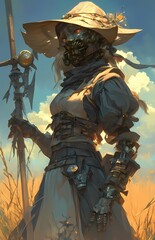 Mysterious woman with mask and staff in field