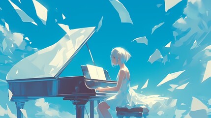 Anime illustration of a young girl playing a grand piano outdoors