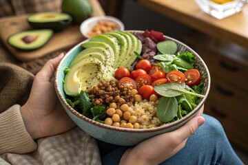 A person is holding a bowl of food that contains avocado, tomatoes