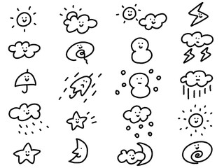 手描きのかわいいキャラクター天気予報モノクロアイコンセット・太陽・雨・曇り・雪	