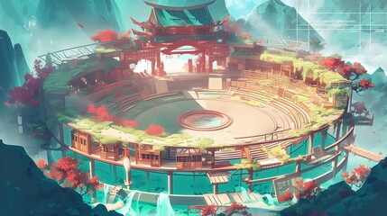 Ancient style Chinese arena, green light, lush forest, mountains, waterfall, vines, tranquility, magic, anime background.