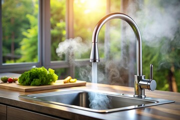A kitchen sink with a faucet that is dripping steam