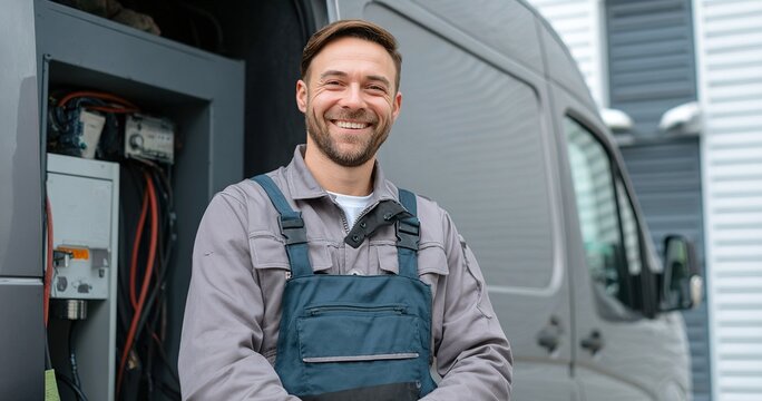 Happy technician in overall near van, service truck for maintenance. High quality