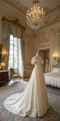 wedding dress on the bed