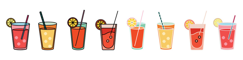 Colorful Refreshing Summer Juice and Cocktail Glass Icon Set with Lemon Slices and Straws Isolated on White Background