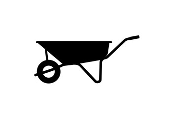 A black silhouette of a wheelbarrow with a single wheel on a white background in a simple illustration