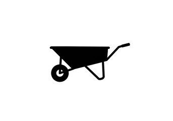 A simple black silhouette of a wheelbarrow with a single wheel on a plain white background space