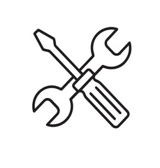 Minimalist Black and White Line Art of Crossed Wrench and Screwdriver – Tool Icon for Repair and Maintenance