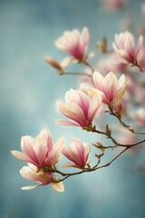 Obraz premium Beautiful magnolia blossoms blooming in spring against a soft blue background