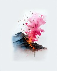 Pink And Blue Watercolor Volcano Eruption Painting