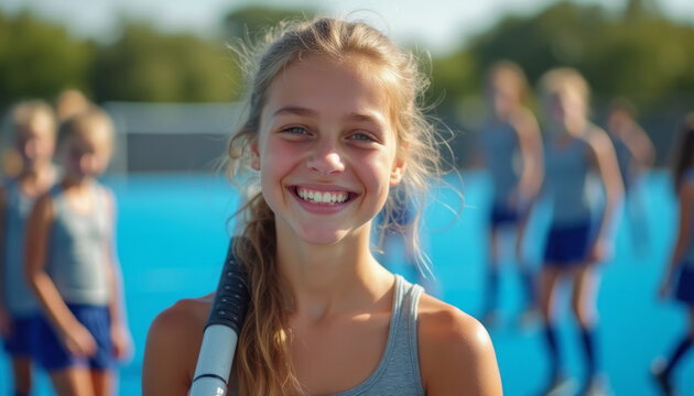 Cheerful young girl smiling with a hockey stick