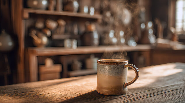 A rustic ceramic coffee mug with steam rising, sitting on a wooden kitchen table in a cozy vintage farmhouse kitchen. AI generated images.
