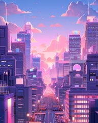 Stylized Cityscape at Sunrise or Sunset with Geometric Buildings