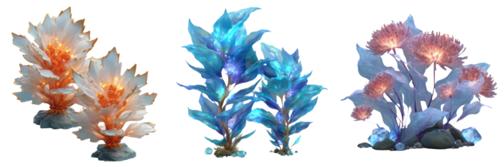 Colorful aquarium plants and stones for aquatic pet supply branding concept. Colorful stylized plants with intricate leaf patterns