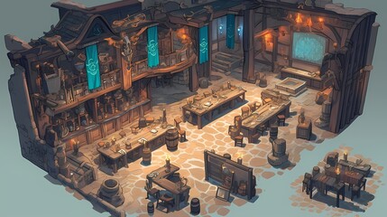 Rustic fantasy tavern interior and exterior overlooking sea