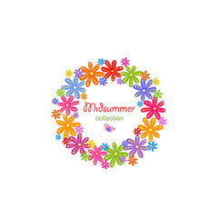 Night before Ivan Kupala. Flowers door decorative wreath collection with paper cutting funny colorful daisy. Slavic midsummer holiday background. Part 4.