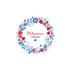 Night before Ivan Kupala. Flowers door decorative wreath collection with funny flowers and strawberry isolated on white background. Slavic midsummer holiday background. Part 5