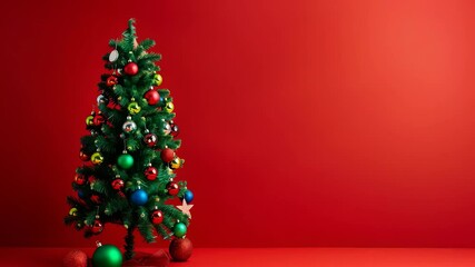 An elegantly designed Christmas tree, adorned with colorful ornaments, stands against a striking red background, perfect for holidaythemed media or ads capturing the festive spirit - Powered by Adobe