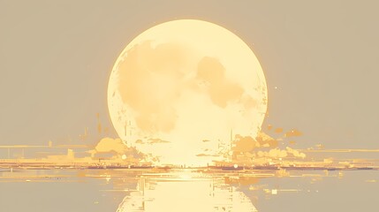 Serene anime night scene, full moon glow on water, blurred urban background