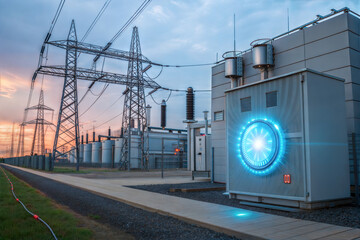 Electric power substation with futuristic energy output display at sunset, showing advanced technology and industrial infrastructure in clear sky environment