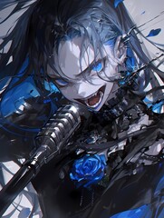 A person with striking blue eyes and black hair sings intensely, microphone in hand, against a backdrop of contrasting shadows and light. Anime style illustration, music concept.