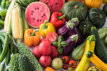 【夏野菜】表情豊かな夏野菜たち。トマト・ズッキーニ・ゴーヤ・オクラ・トウモロコシ・ナス・キュウリ・カボチャ・パプリカ・スイカ