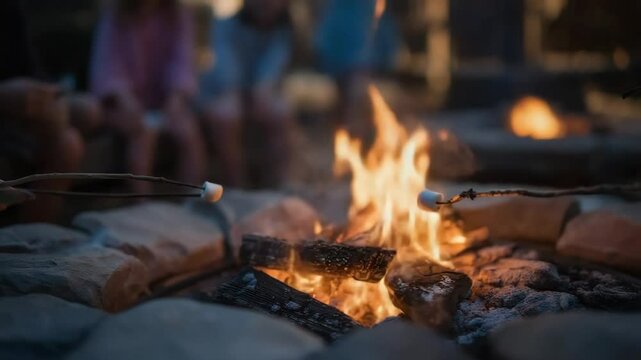 Family roasting marshmallows at fire pit during cozy summer night  
