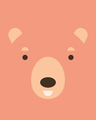 Kid teddy bear character. Cartoon cute face of animal for baby card, poster, baby shower invitation, printing on fabric, postcard, wrapping paper. Flat vector illustration for applique