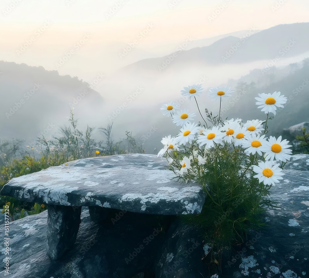 Poster 朝日の中で咲く白いデイジーの花束が岩の上に霧のかかる山々を背景に咲き誇る風景