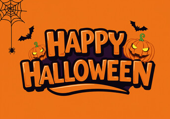 Happy halloween text with pumpkins, bats, and spiderweb on an orange background illustration