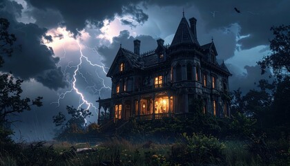 Dark Victorian Mansion Illuminated by Lightning on Stormy Night