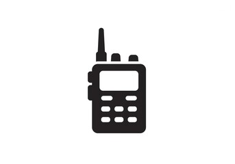 A simple black and white icon depicting a walkie talkie with antenna and buttons on a white background