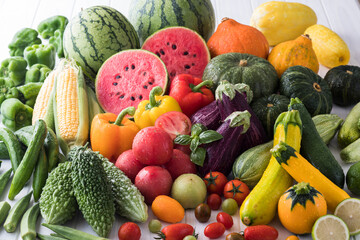 【夏野菜】表情豊かな夏野菜たち。トマト・ズッキーニ・ゴーヤ・オクラ・トウモロコシ・ナス・キュウリ・カボチャ・パプリカ・スイカ