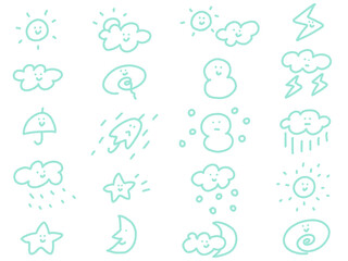 手描きのかわいいパステルカラーの顔つき天気予報アイコンセット・太陽・雨・曇り・雪
