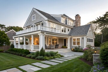 Modern colonial home exterior features a beautiful gray porch with a garden. New England style house with a wall and yard. Exterior view of a house with a porch and balcony.